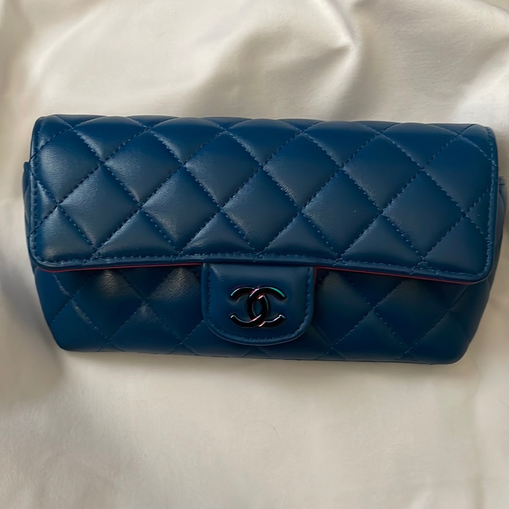 Chanel Blue and Pink quilted lamb skin bag with chain rainbow hardware